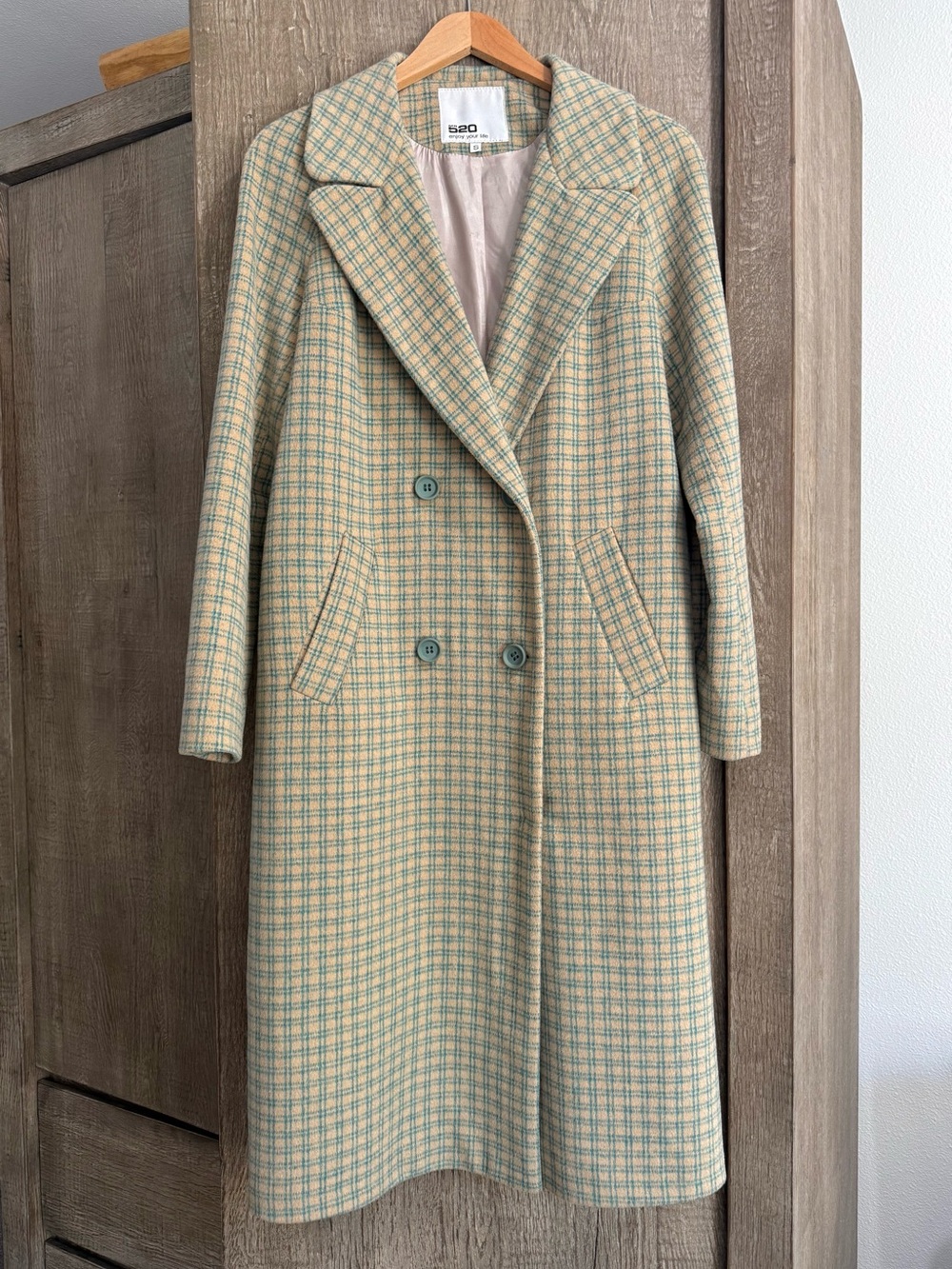 Cream & Teal Plaid Double-Breasted Pea Wool Coat